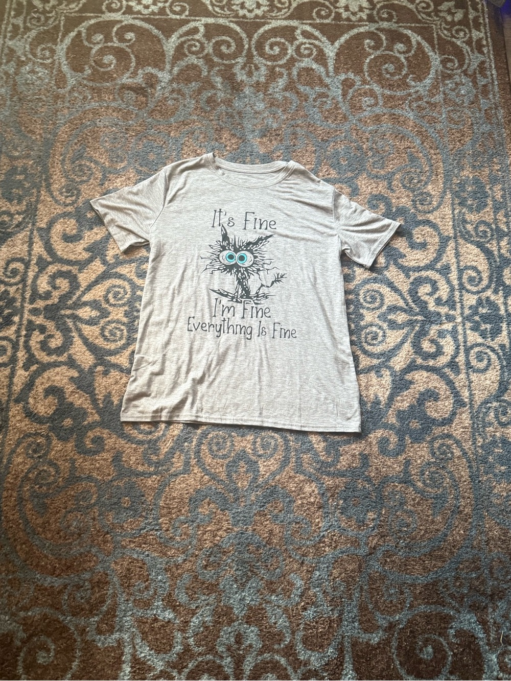 Amazon Women's Short Sleeve Tee Gray Owl 'It's Fine' Graphic